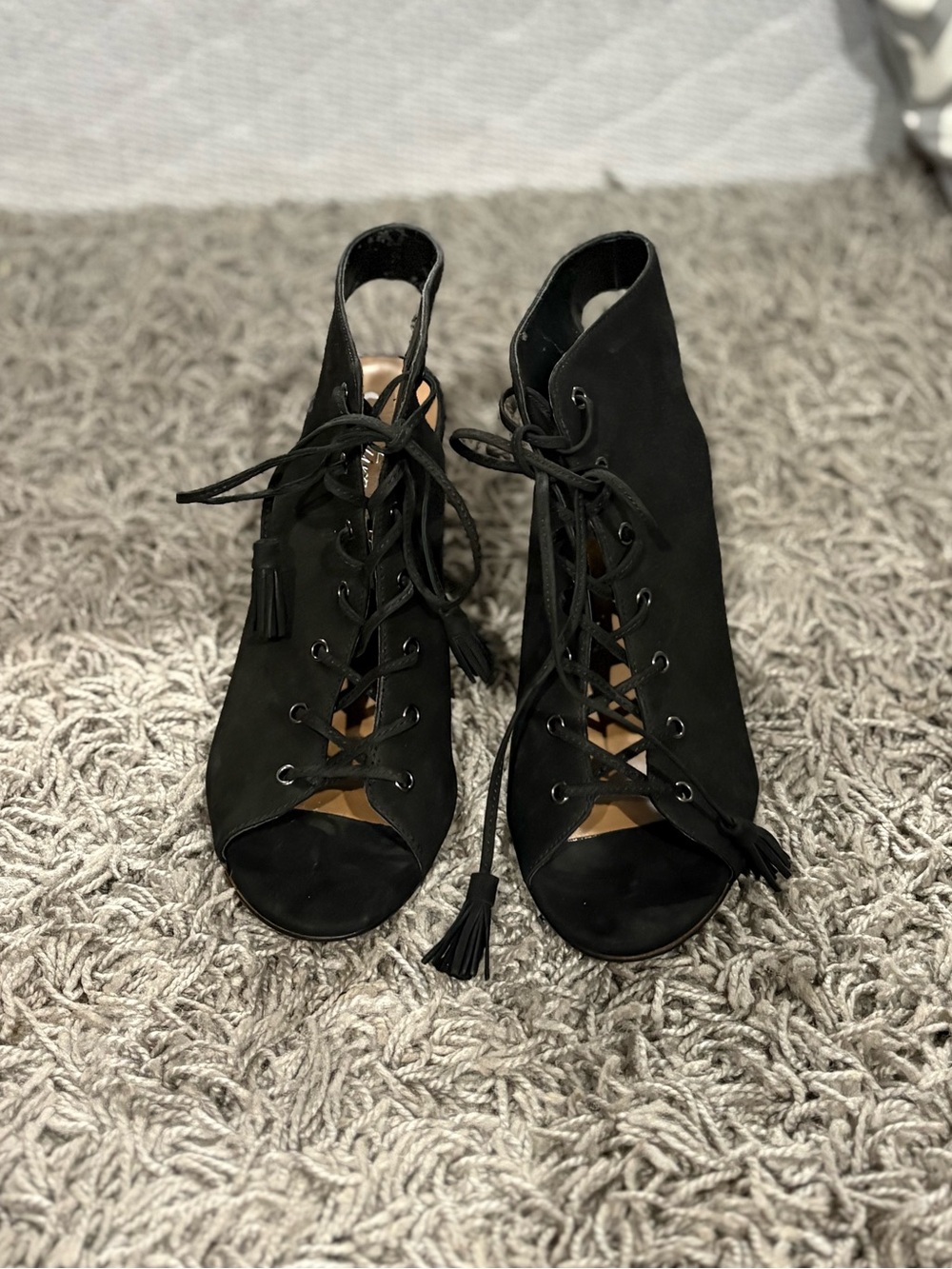 Arturo Chiang Black Lace-Up Peep Toe Heels with Tassels